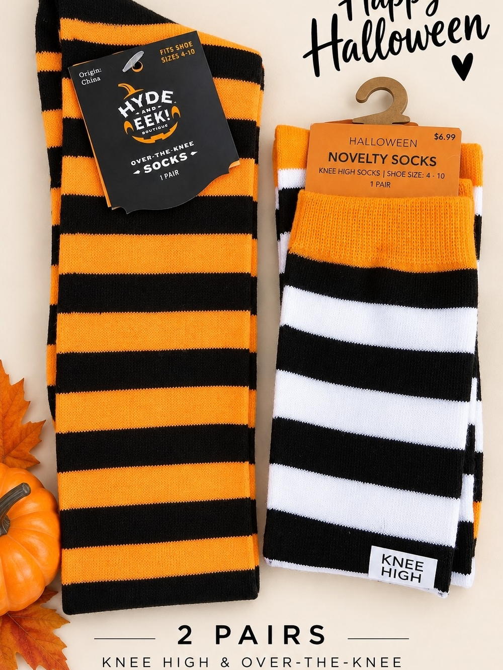 NWT Halloween Knee High Socks Bundle 2 Pair Orange Black Striped